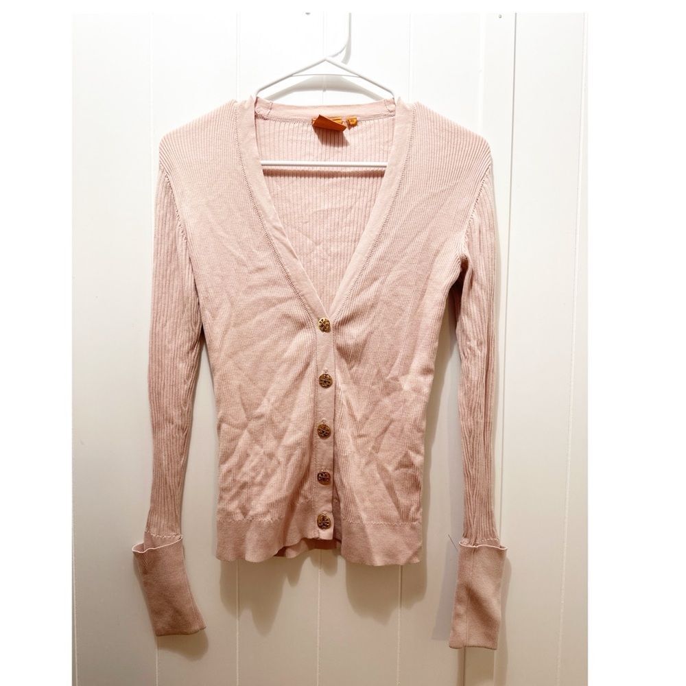 Tory burch simone gold button cardigan pink